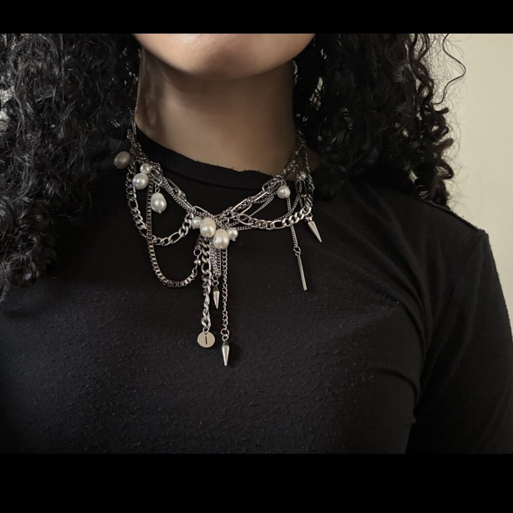 Pearl Layered Silver Chain Choker Necklace Dramatic